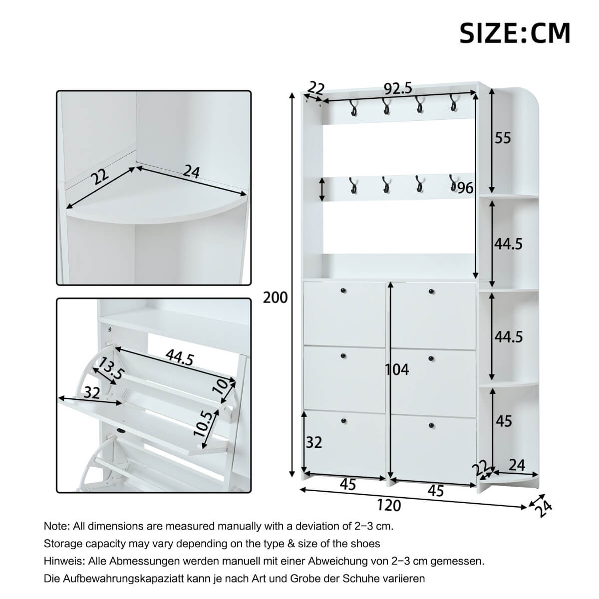 Hallway Storage Unit with Coat Rack - Shoe Cabinet with 6 Flip Drawers, 8 Hooks & 5 Shelves, White