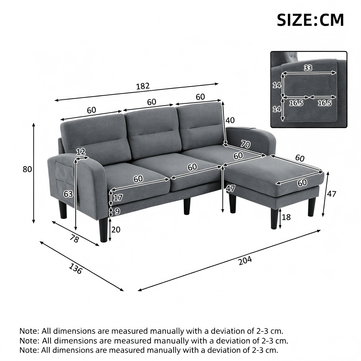 L-Shaped Corner Sofa - 3 Seater Modular Sectional Sofa with Chaise, Side Storage Pockets, Grey
