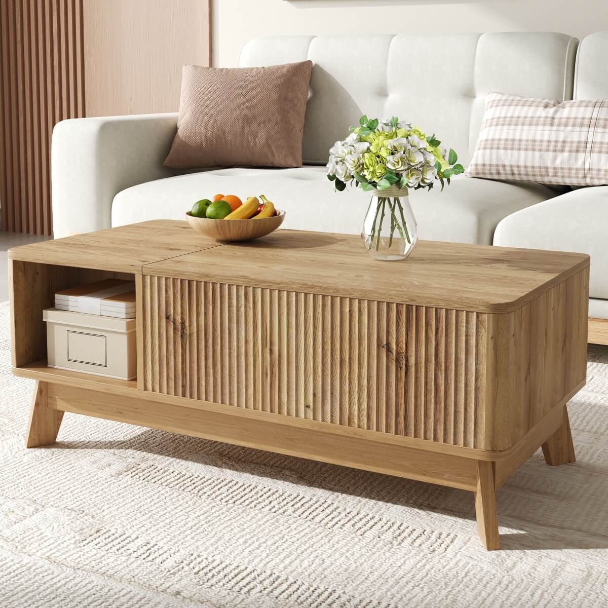 Modern Lift Top Coffee Table with 3D Wave Design - MDF Living Room Table with Open Side Storage Compartment, Oak
