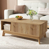Modern Lift Top Coffee Table with 3D Wave Design - MDF Living Room Table with Open Side Storage Compartment, Oak