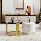 2-in-1 Round Coffee Table Set with Side Table - High Gloss MDF Top, Brown Tempered Glass Top and 2 Storage Drawers