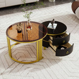 2-in-1 Round Coffee Table Set with Side Table - High Gloss MDF Tabletop, Brown Tempered Glass Top and 2 Storage Drawers