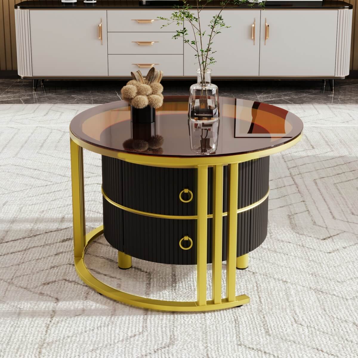 2-in-1 Round Coffee Table Set with Side Table - High Gloss MDF Tabletop, Brown Tempered Glass Top and 2 Storage Drawers