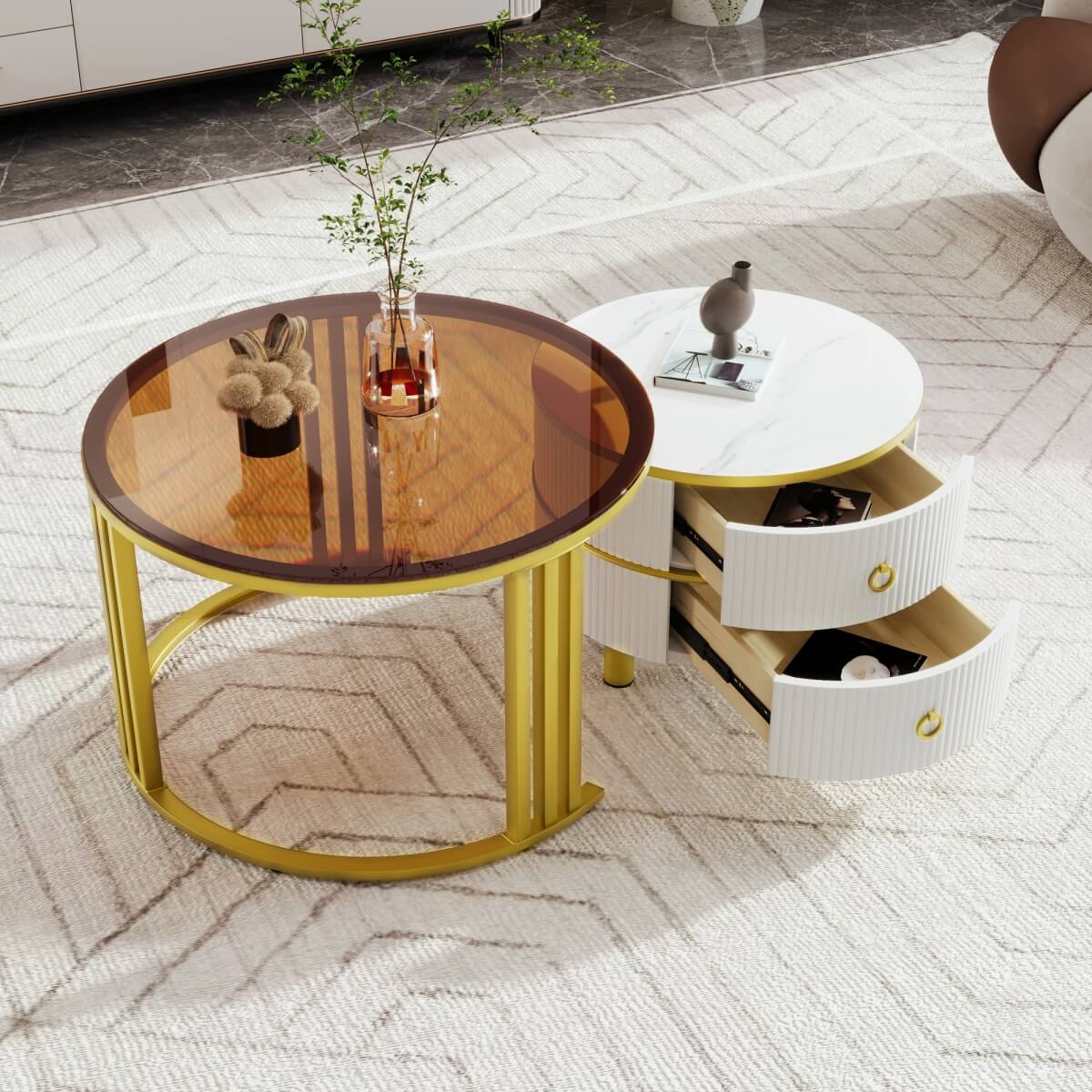 2-in-1 Round Coffee Table Set with Side Table - High Gloss MDF Top, Brown Tempered Glass Top and 2 Storage Drawers