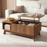 Modern Lift Top Coffee Table with 3D Wave Design - MDF Living Room Table with Open Side Storage Compartment, Walnut