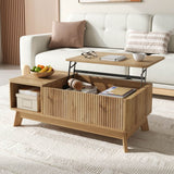Modern Lift Top Coffee Table with 3D Wave Design - MDF Living Room Table with Open Side Storage Compartment, Oak