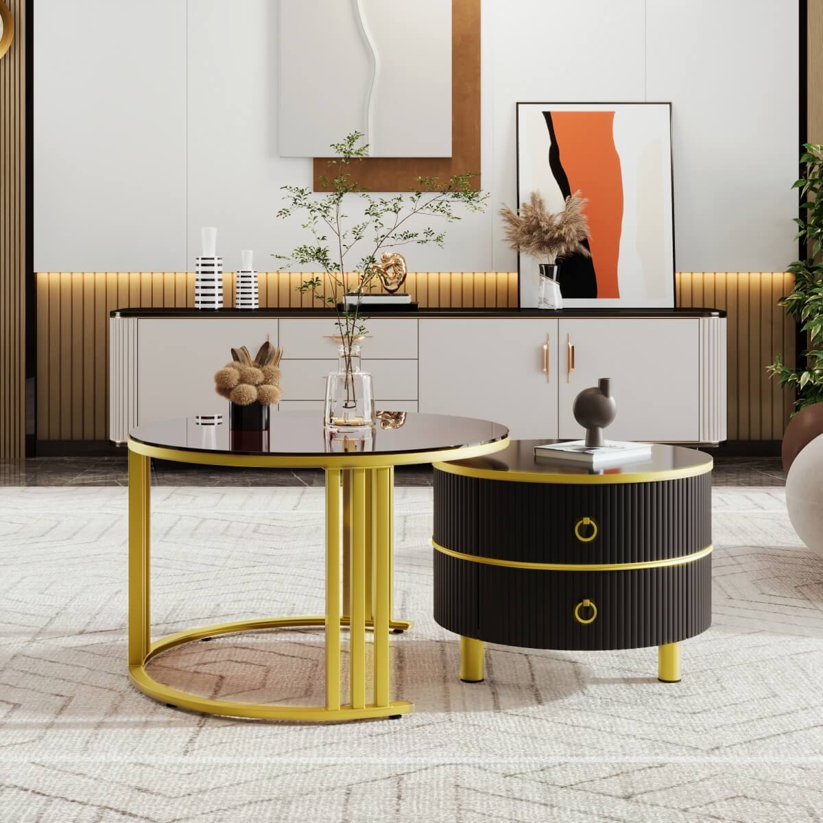 2-in-1 Round Coffee Table Set with Side Table - High Gloss MDF Tabletop, Brown Tempered Glass Top and 2 Storage Drawers
