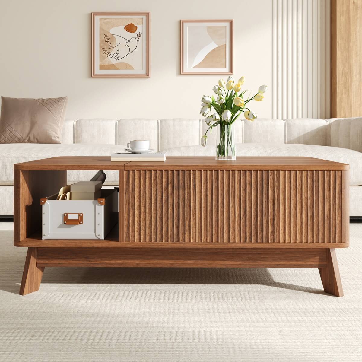 Modern Lift Top Coffee Table with 3D Wave Design - MDF Living Room Table with Open Side Storage Compartment, Walnut
