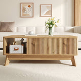 Modern Lift Top Coffee Table with 3D Wave Design - MDF Living Room Table with Open Side Storage Compartment, Oak
