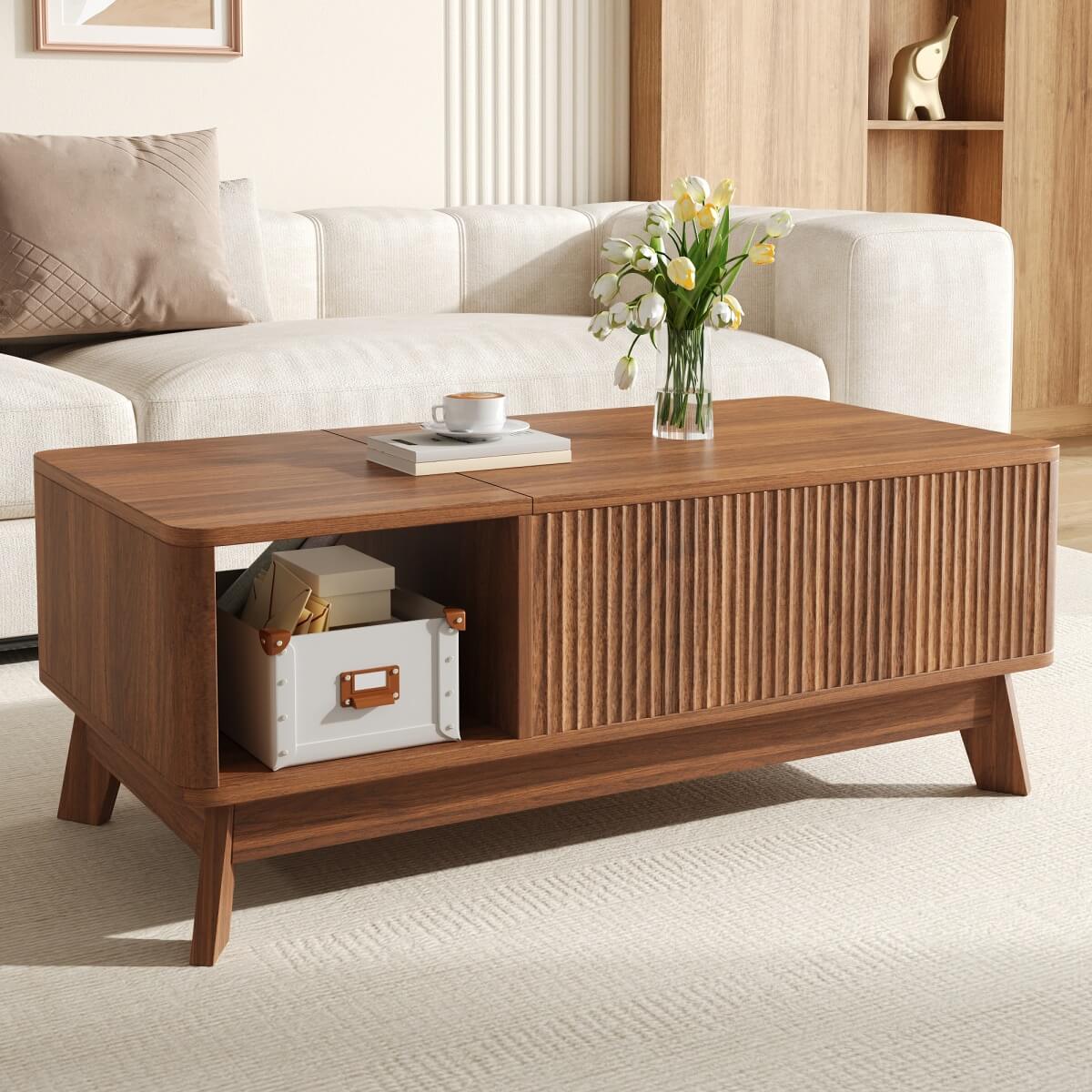 Modern Lift Top Coffee Table with 3D Wave Design - MDF Living Room Table with Open Side Storage Compartment, Walnut
