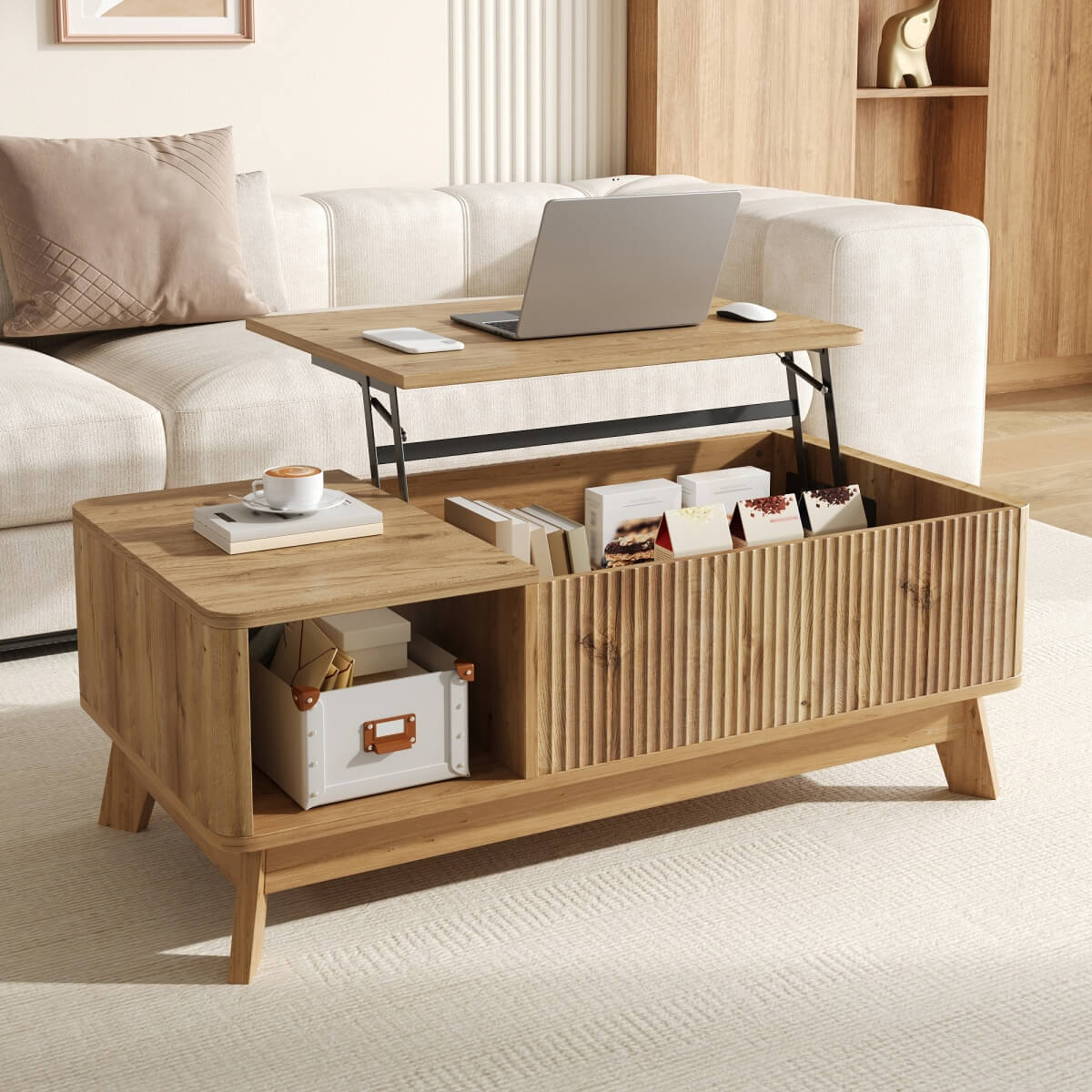 Modern Lift Top Coffee Table with 3D Wave Design - MDF Living Room Table with Open Side Storage Compartment, Oak