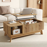 Modern Lift Top Coffee Table with 3D Wave Design - MDF Living Room Table with Open Side Storage Compartment, Oak