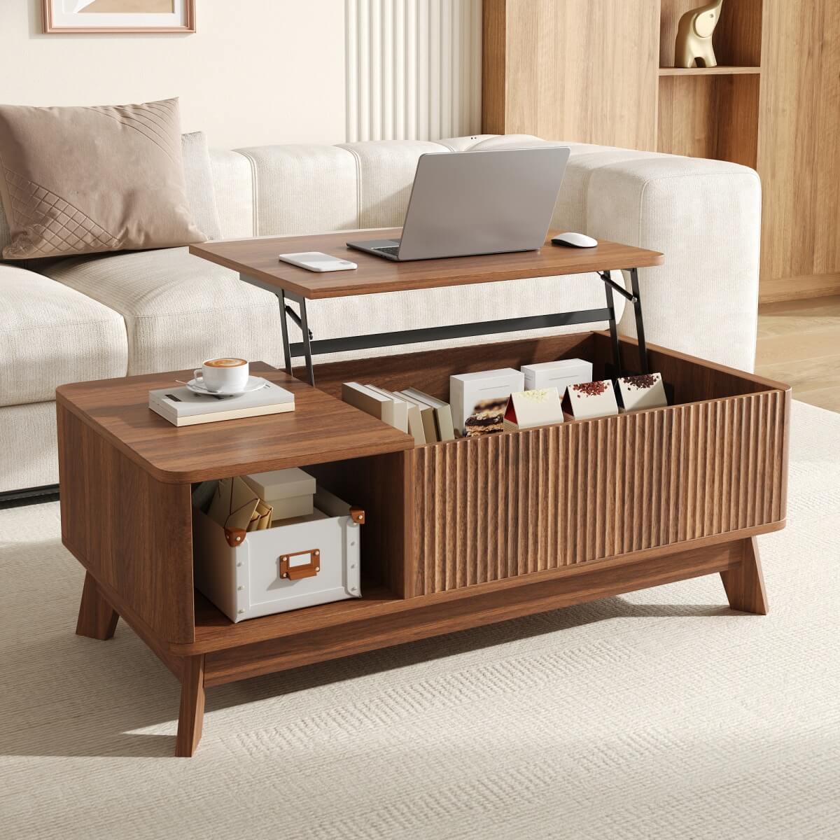 Modern Lift Top Coffee Table with 3D Wave Design - MDF Living Room Table with Open Side Storage Compartment, Walnut
