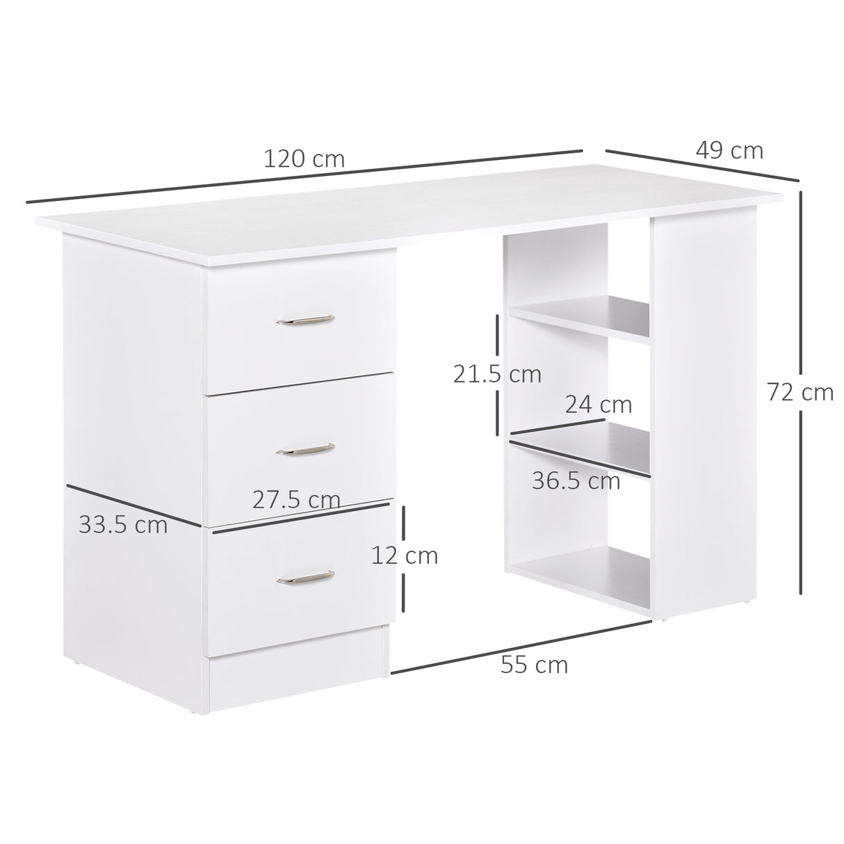 Computer Desk with 3 Storage Shelves & Drawers, White
