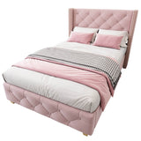 3ft Single Velvet Bed Frame - Upholstered Bed with Button & Stud Headboard, Wooden Legs, Pink