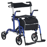 2 in 1 Wheelchair Transport Chair & Folding Rollator Walker with Seat, Backrest, Footrest, Lightweight, Adjustable Height, Pearl Blue