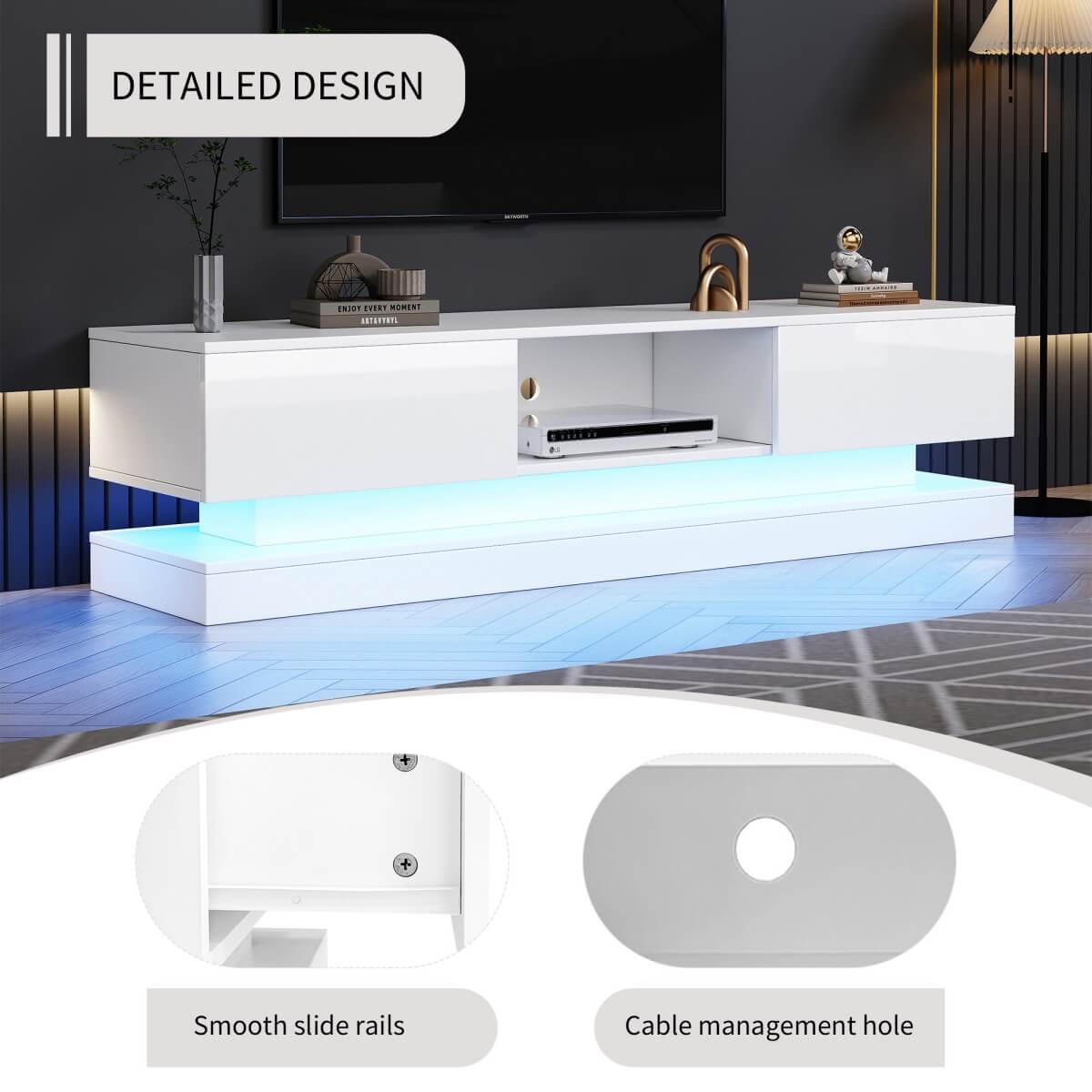 160cm High Gloss LED TV Stand - White TV Cabinet with 2 Drawers & Open Storage