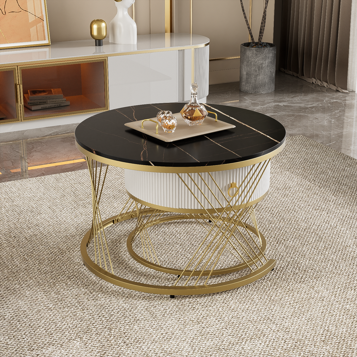 Elegant nesting Coffee Table: Marble Look, Gold Decor, Side Table with Drawers - Set of 2