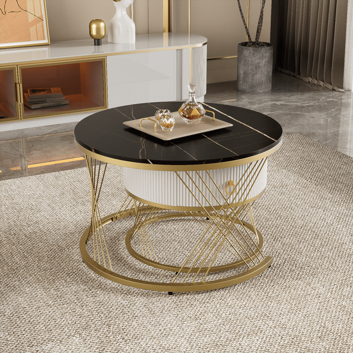 Nesting Coffee Table Set of 2 with Drawers - Marble Effect Tables with Gold Frame