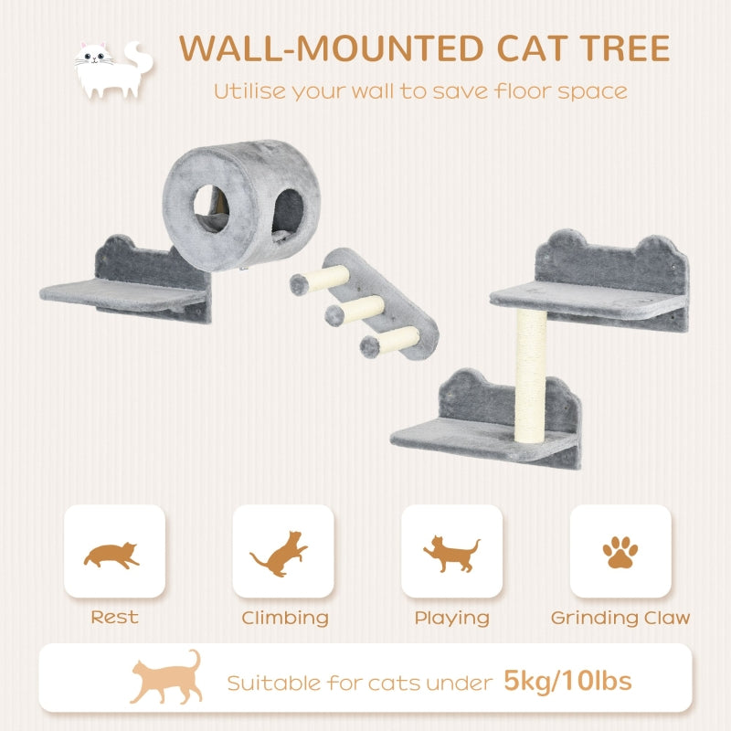 4PCs Wall-Mounted Cat Tree, Steps, Perch, Cat House - Grey