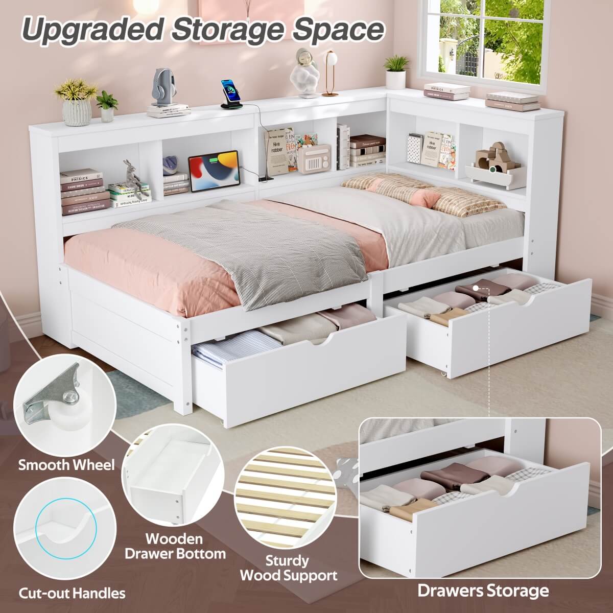 3ft Single L-Shape Daybed with 2 Storage Drawers & Bookcase - Modern Wooden Bed Frame with Charging Station, White