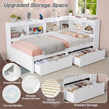 3ft Single L-Shape Daybed with 2 Storage Drawers & Bookcase - Modern Wooden Bed Frame with Charging Station, White
