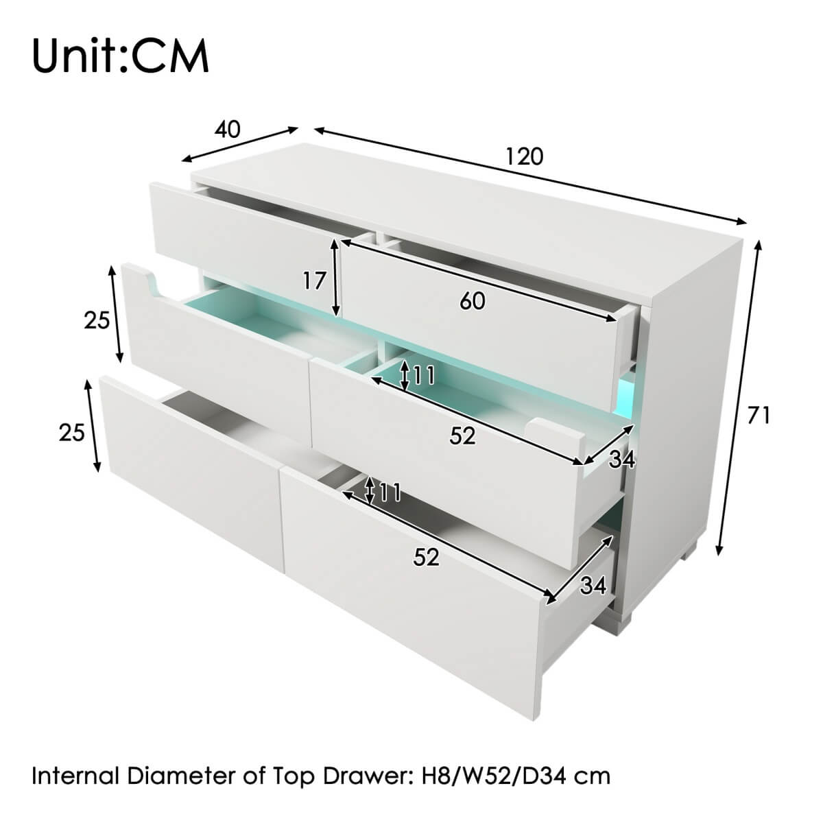 6-Drawer Chest of Drawers with RGB LED Lights - Modern White Storage Sideboard with App Control and Cut-Out Handles