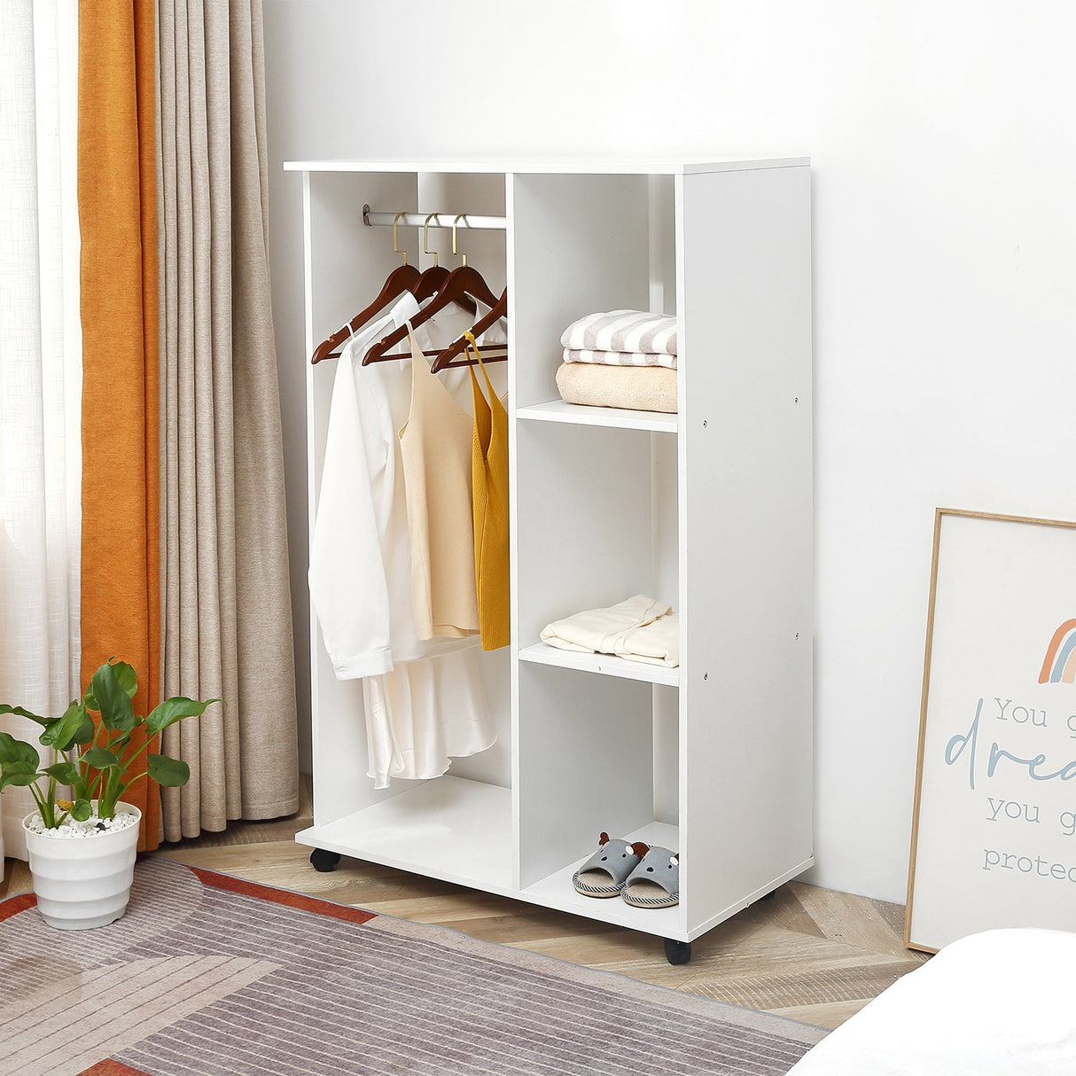 Open Wardrobe on Wheels, Clothes Rail & 3 Shelves, White