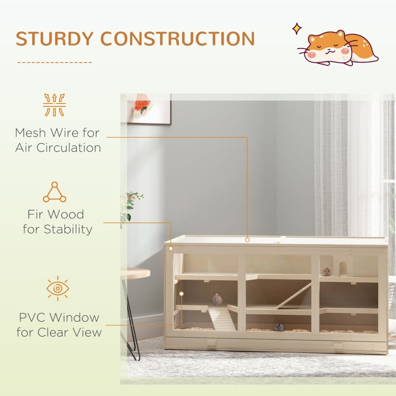 Hamster Cage with Tray, Openable Top, Exercise Play House, Natural Wood