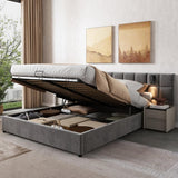 4ft6 Double Velvet Ottoman Storage Bed with USB Charging & Reading Light - Wide Headboard, Grey