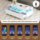 High Gloss Coffee Table – White Centre Table with 2 Drawers, LED Lights and Pull-Out Tray