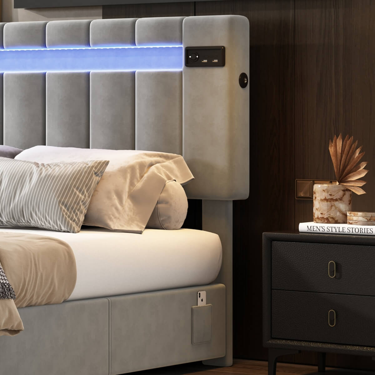 4ft6 Double Velvet Hydraulic Storage Bed - LED Bed with Bluetooth Speaker, USB & Side Pockets, Grey