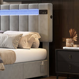 4ft6 Double Velvet Hydraulic Storage Bed - LED Bed with Bluetooth Speaker, USB & Side Pockets, Grey