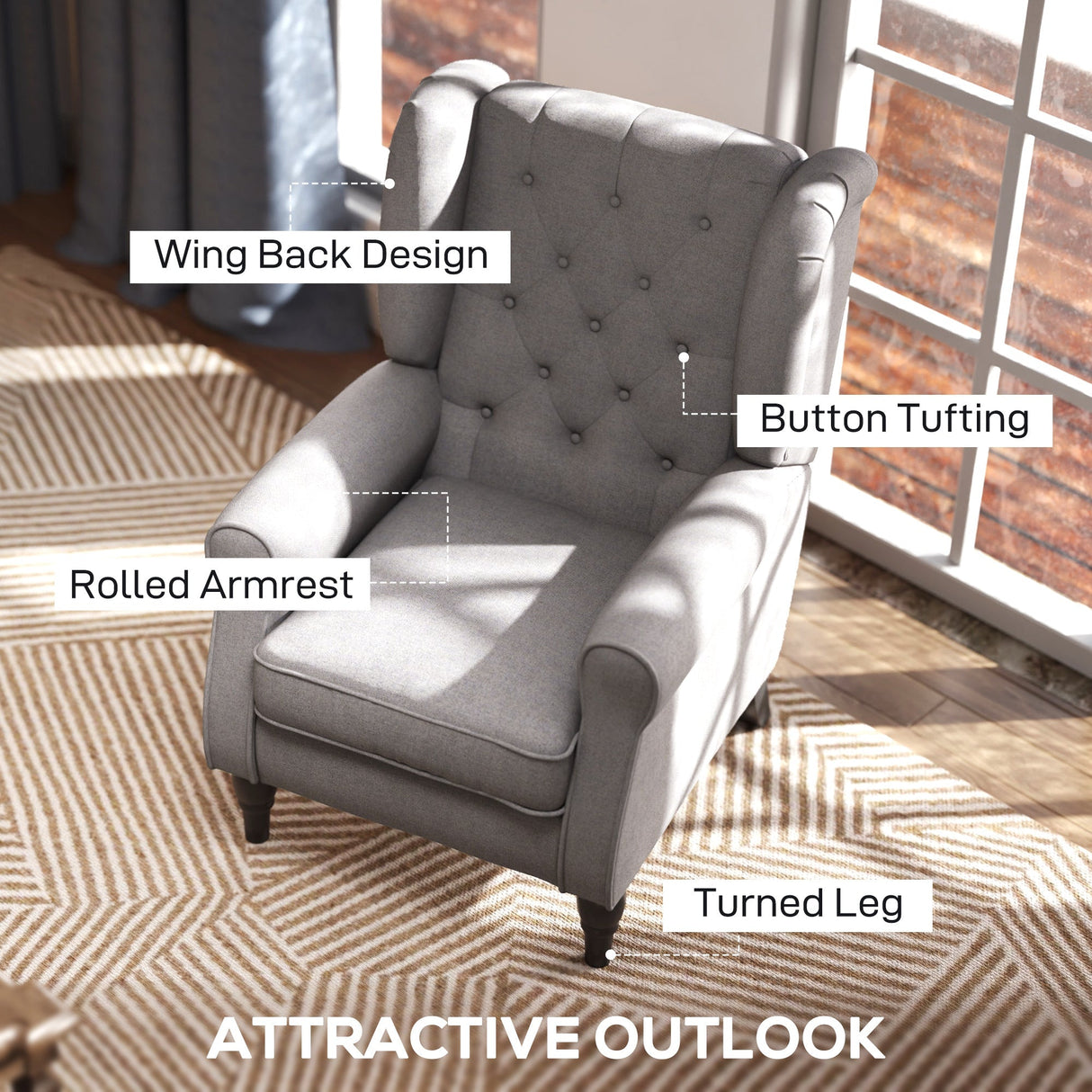 Retro Accent Chair, Wingback Armchair Wood Frame Button Tufted Design, Grey