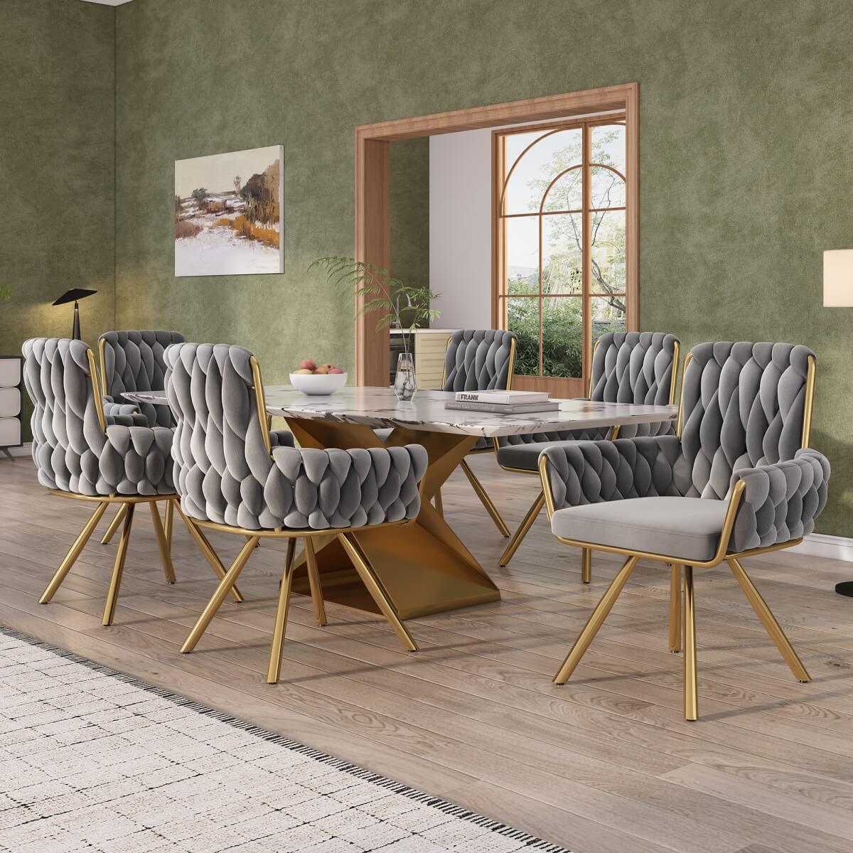 Set of 6 Velvet Dining Chairs - Luxury Swivel Accent Chairs with Metal Legs, Grey