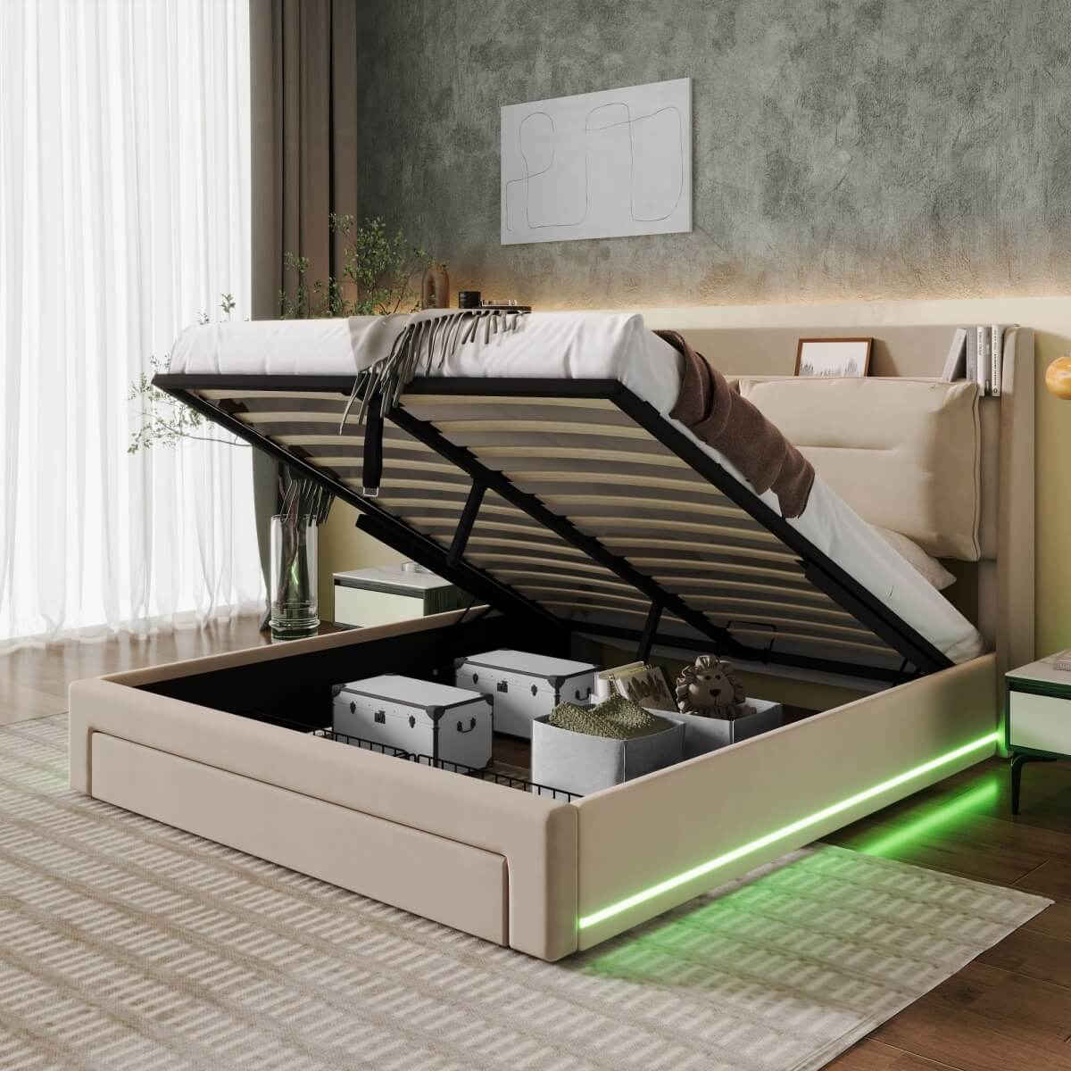 4ft6 Double Velvet Ottoman Bed - Upholstered Storage Bed with LED Lighting & End Drawers, Beige