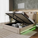 4ft6 Double Velvet Ottoman Bed - Upholstered Storage Bed with LED Lighting & End Drawers, Beige