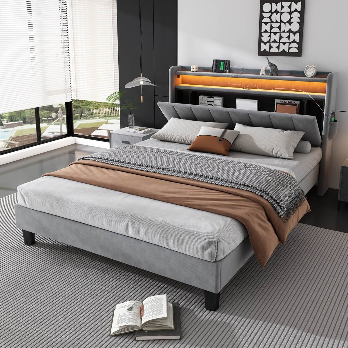 4ft6 Double Velvet LED Storage Bed - Upholstered Bed with USB & Type-C Charging, Grey