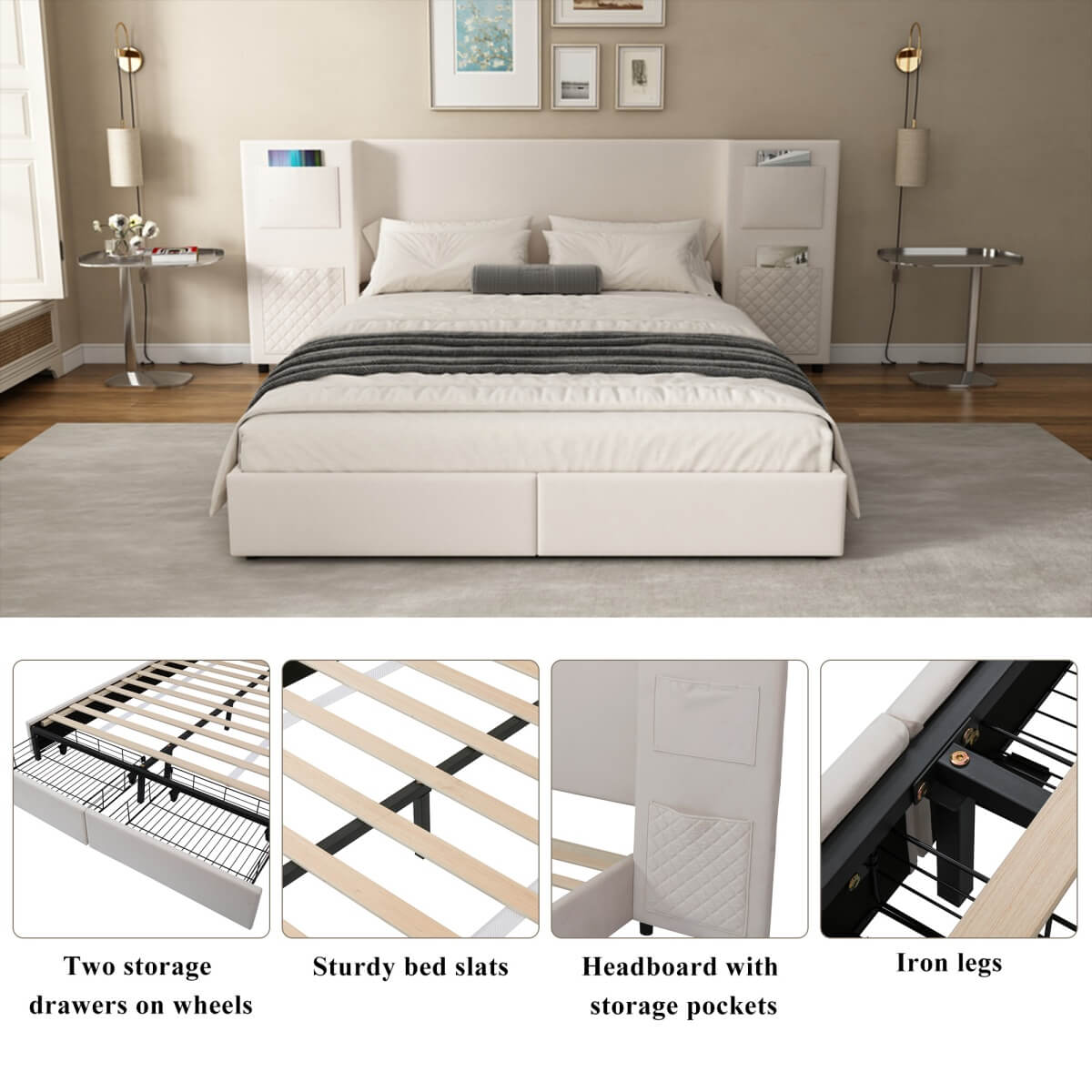 4ft6 Double Velvet Bed Frame with Storage Drawers - Upholstered Bed with Headboard Pockets, 2 Wheeled Drawers and Sturdy Metal Legs, Beige