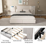 4ft6 Double Velvet Bed Frame with Storage Drawers - Upholstered Bed with Headboard Pockets, 2 Wheeled Drawers and Sturdy Metal Legs, Beige