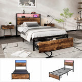 3ft Single Metal Bed with LED Lights & Storage Drawer - USB & Type-C Charging, Black & Walnut