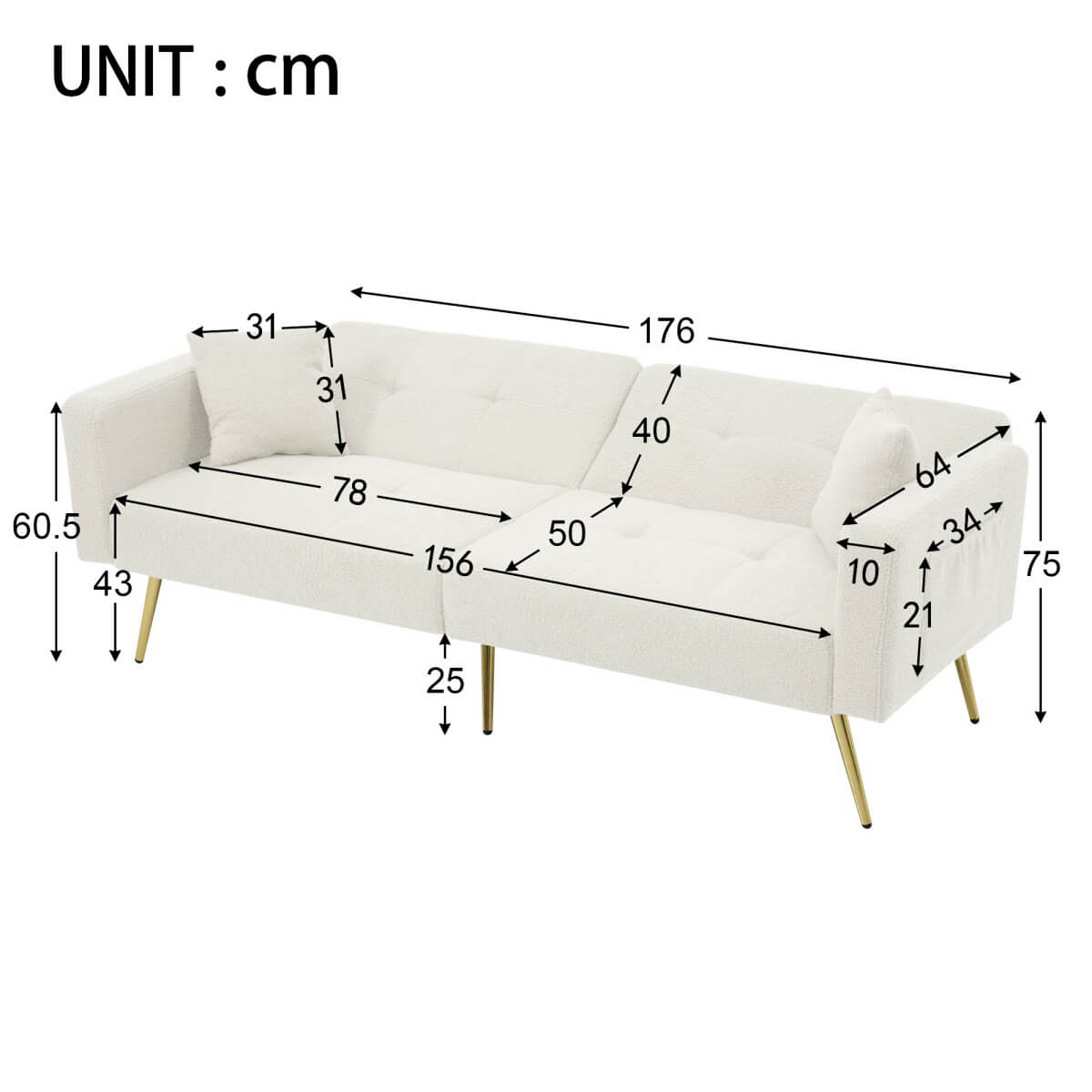 Convertible Sofa Bed - Adjustable Recliner Sofa with Gold Legs and Side Storage Pockets, White