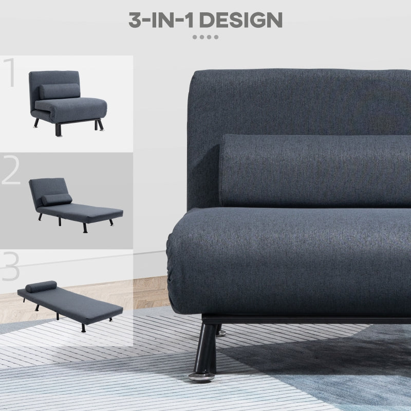 Linen Chair Bed, 3-in-1 Convertible Sleeper Chair with Adjustable Backrest, Dark Grey