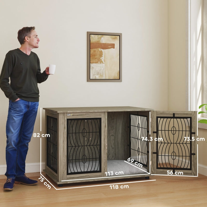 PawHut Indoor Dog Crate Furniture End Table with Cushion, Lockable Door, for Extra Large Dogs - Grey