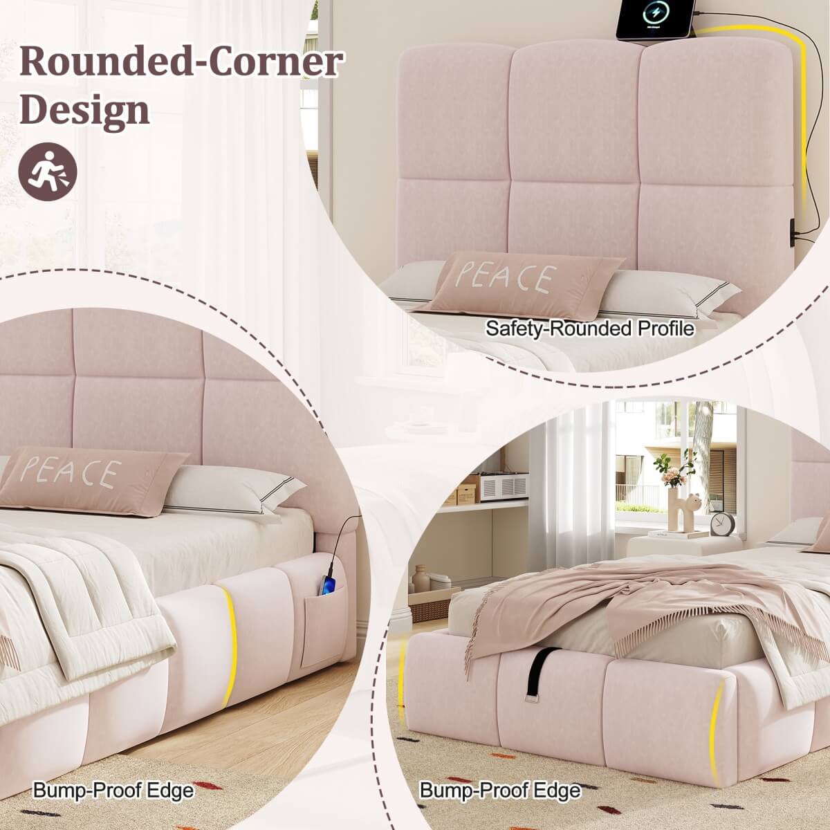 3ft Velvet Upholstered Storage Bed - Single Hydraulic Bed with Headboard, Pink
