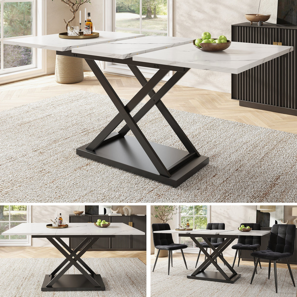 Telescopic dining table (120-160¡Á80 cm), extendable dining table, space-saving kitchen table, black crossed iron legs, for kitchen and living room, white marble dining table