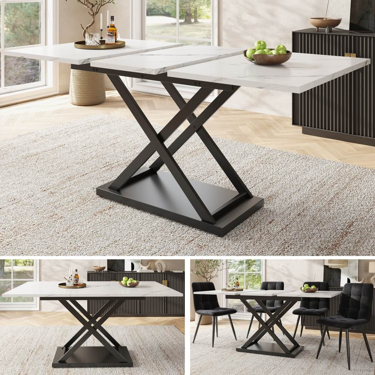 Extendable Dining Table 120-160cm - White Marble Effect Top, Black Cross Legs