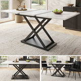 Extendable Dining Table 120-160cm - White Marble Effect Top, Black Cross Legs