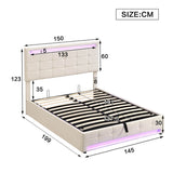 4ft6 Double Velvet Hydraulic Storage Bed with LED Lights - Upholstered Bed Frame, Beige