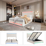 4ft6 Double Velvet Hydraulic Storage Bed with LED Lights - Upholstered Bed Frame, Beige
